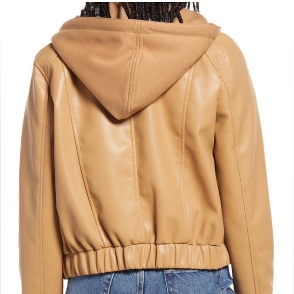 NEW BLANKNYC Women’s Faux Leather Tan Bomber Moto Jacket Removable Hood Size S - Picture 2 of 16